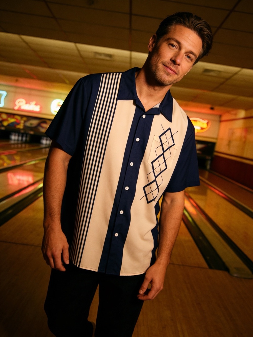 Men's Blue and Cream Retro Bowling Style Shirt NWOT
